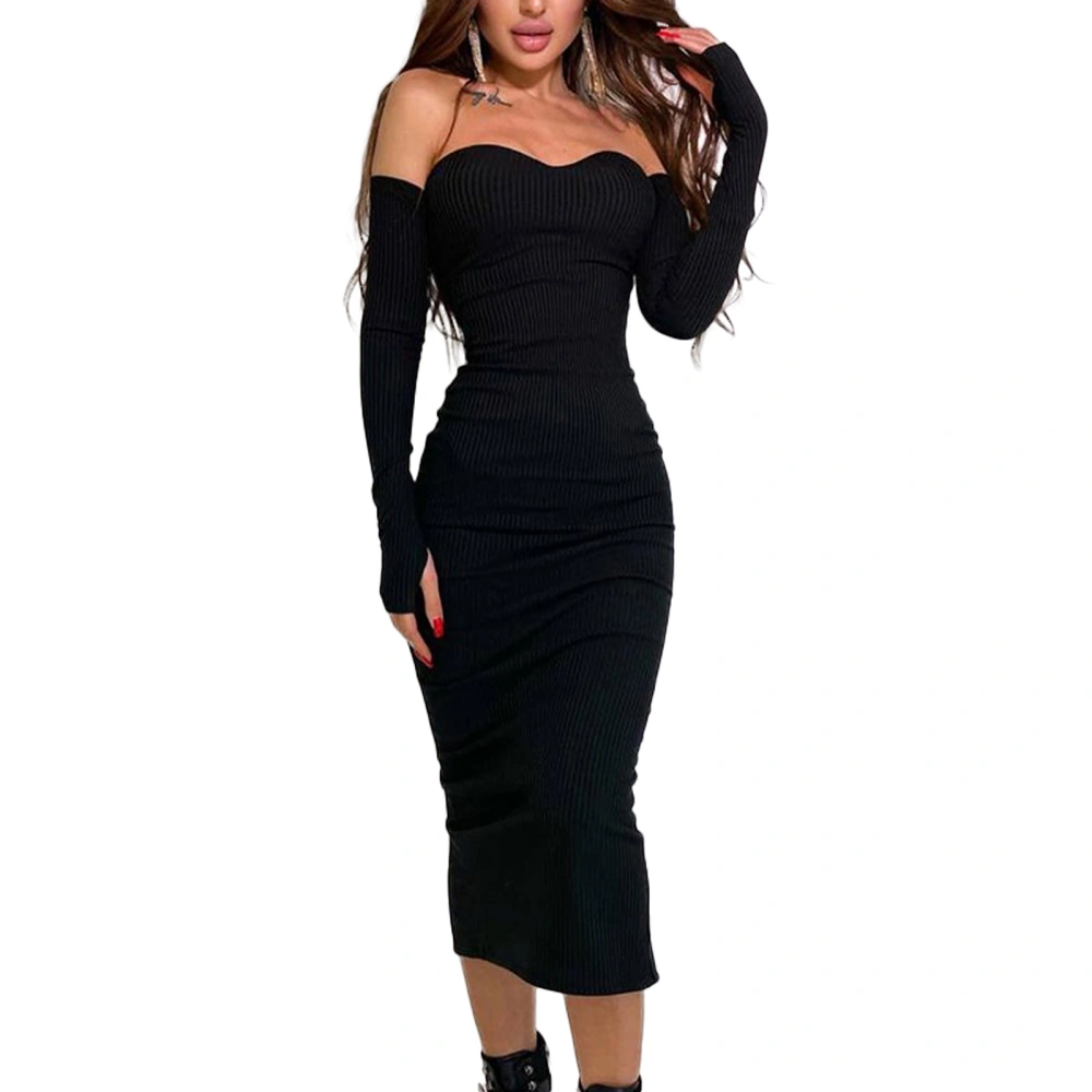 Women Bodycon Dress Long Sleeve Off-shoulder Solid Slim Fit Midi Dress