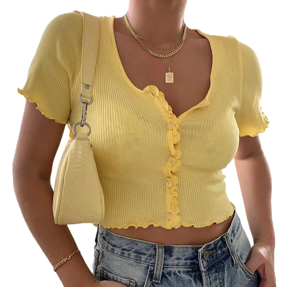 Women Skinny Crop Top, Solid Color Short Sleeve Round Collar T-shirt