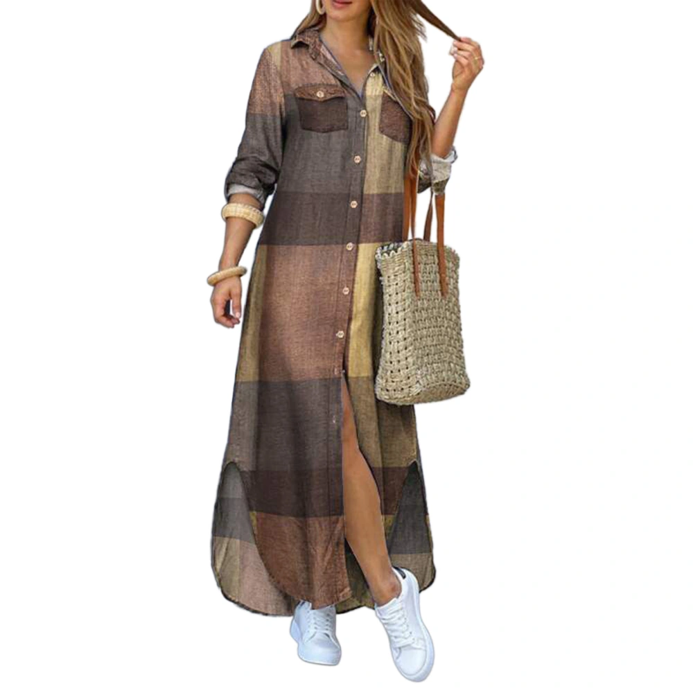 Women Lapel Long Sleeve Buttons Bohemian Plus Size Maxi Dress