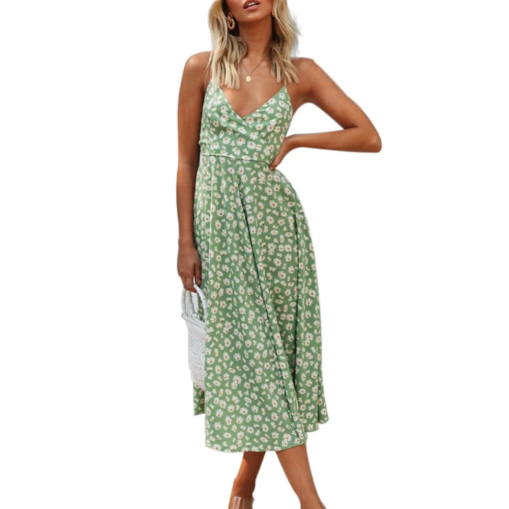 Women Boho Dress, Floral Print Spaghetti Strap Dress, V-neck Sundress