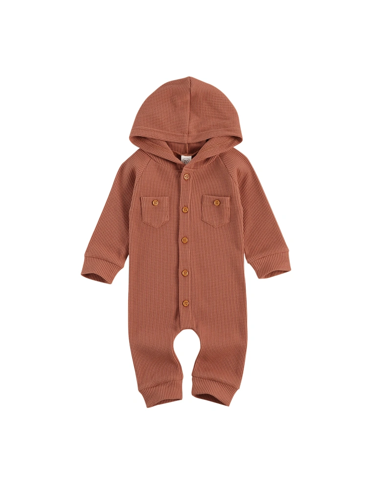 Baby's Solid One-piece Rompe, Long Sleeve Single Breasted Hooded Bodysuit