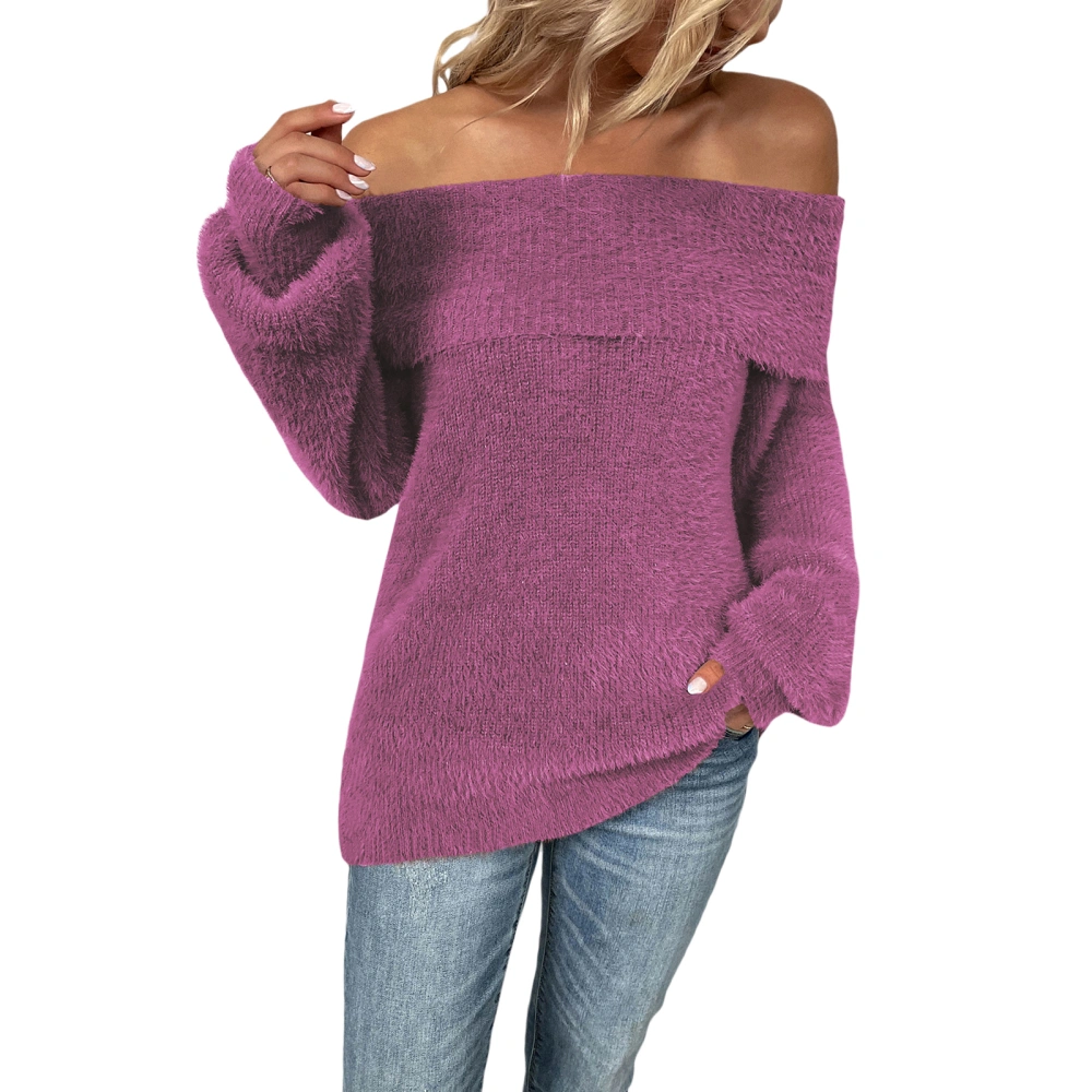 Female Sweater, Solid Color Off Shoulder Long Sleeve Knitwear Pullover