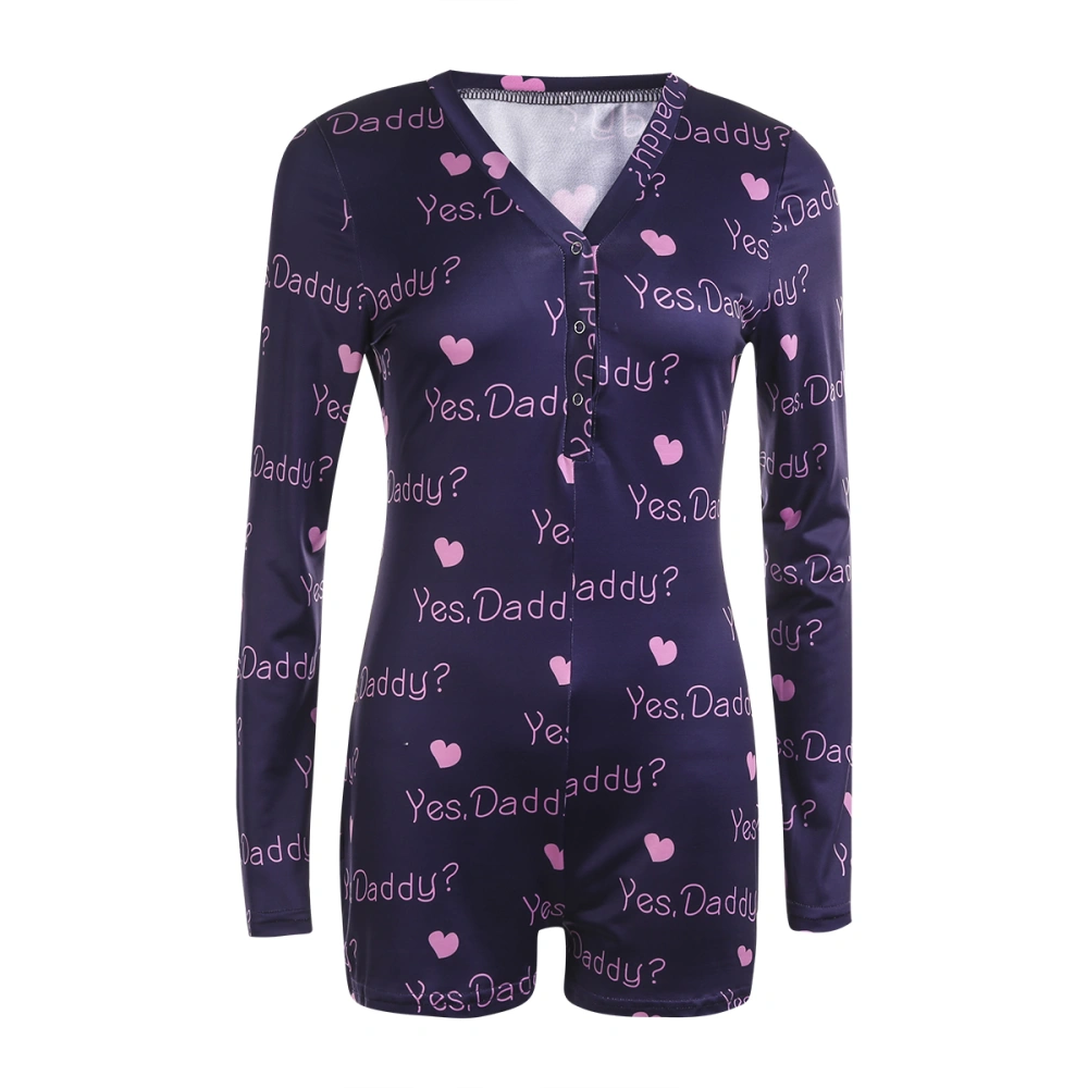 Female Casual Romper, Long Sleeve Printed Sleepwear Jumpsuit