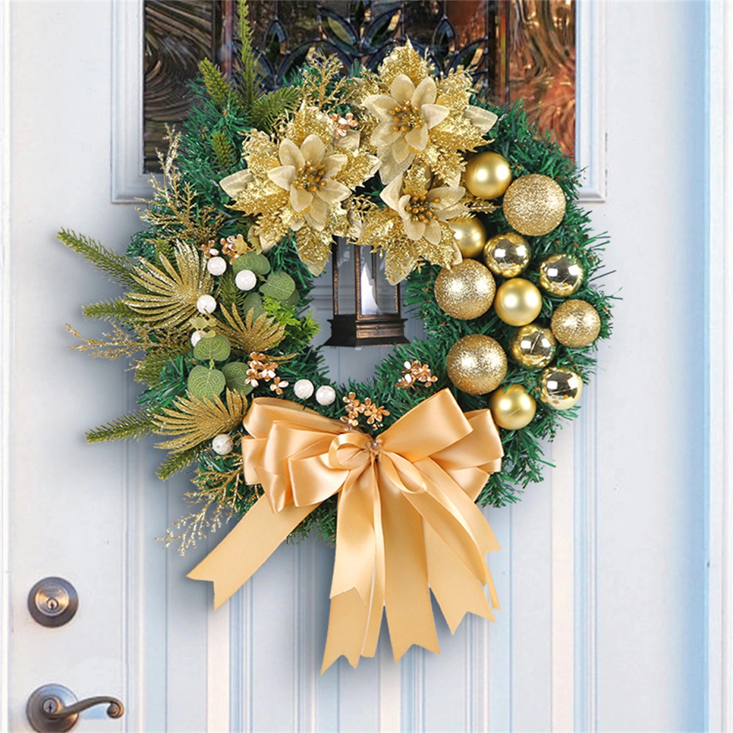 Christmas Balls Wreath Hanging Garland with Lights for Front Door 
