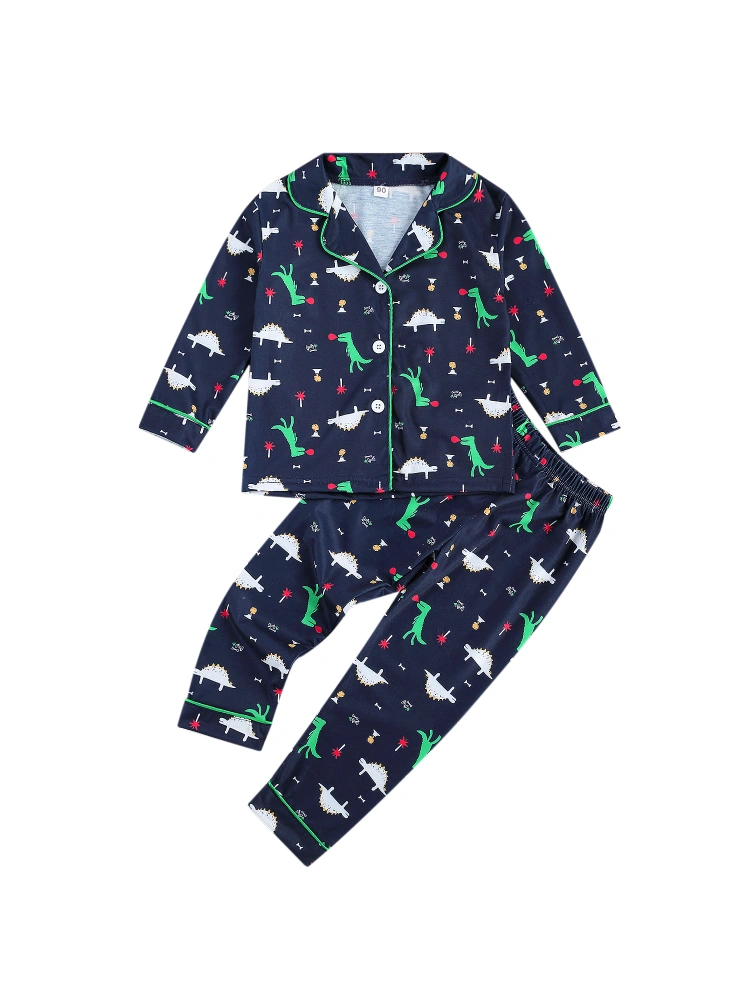 Child's Pajamas Suit, Long Sleeve Lapel Collar Top Elastic Head Long Trousers