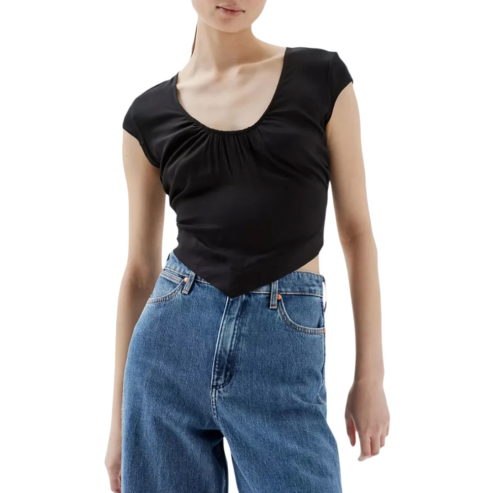 Women Crop Tops 1/4 Sleeve U Neck Backless Solid Drawstring Shirt 