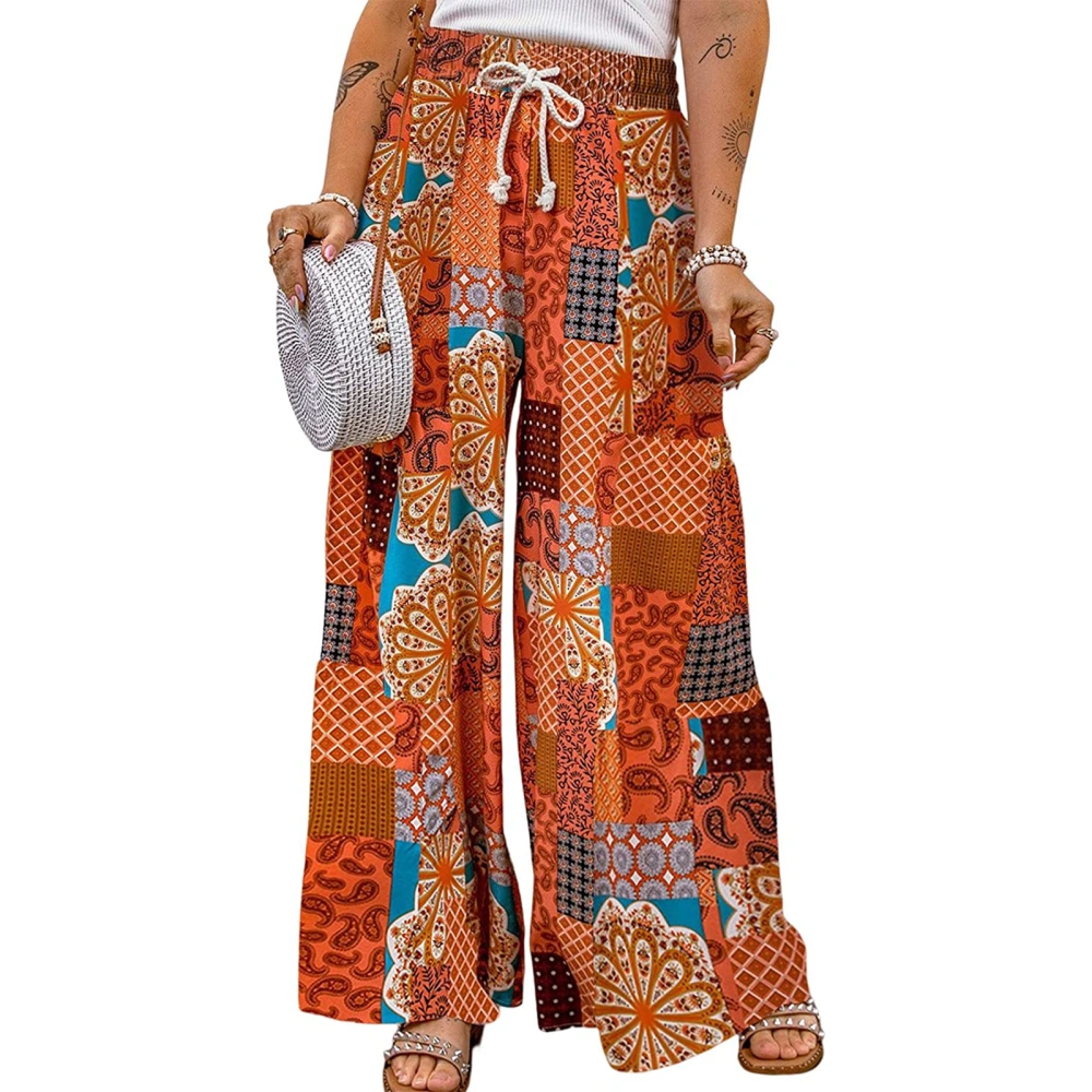 Women Bohemian Wide Leg Pants Floral Print Elastic High Waist Trousers