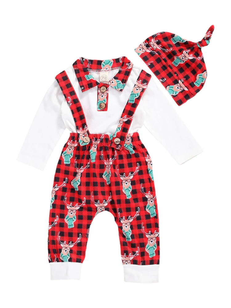 Baby Boys Christmas Tops, Lapel Jumpsuit Plaid Suspender Pants, Hat