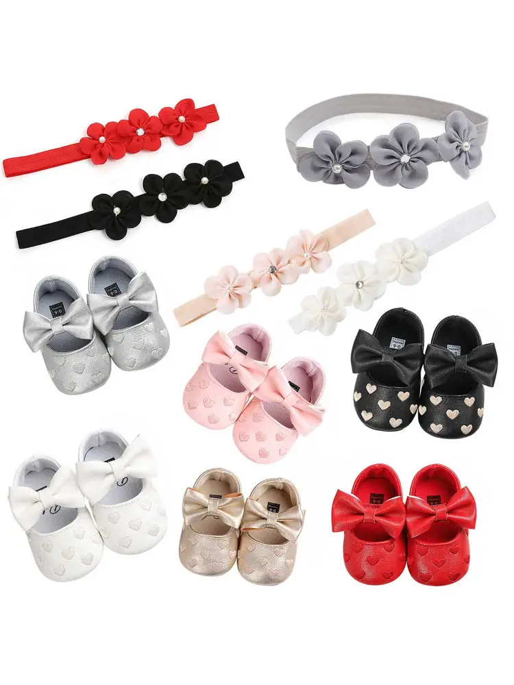 Baby Baptism Shoes Headband Set, Heart Princess Dress Shoes+Flower Hairband