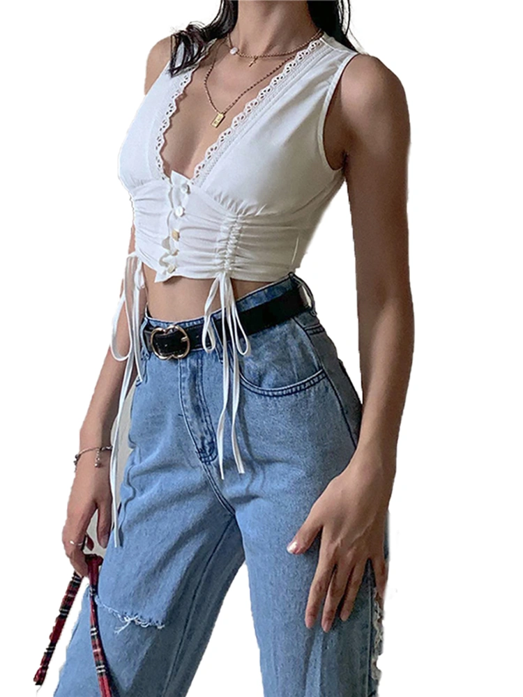 Women Summer Crop Top, Solid Color Drawstring Deep V-Neck Tank Top