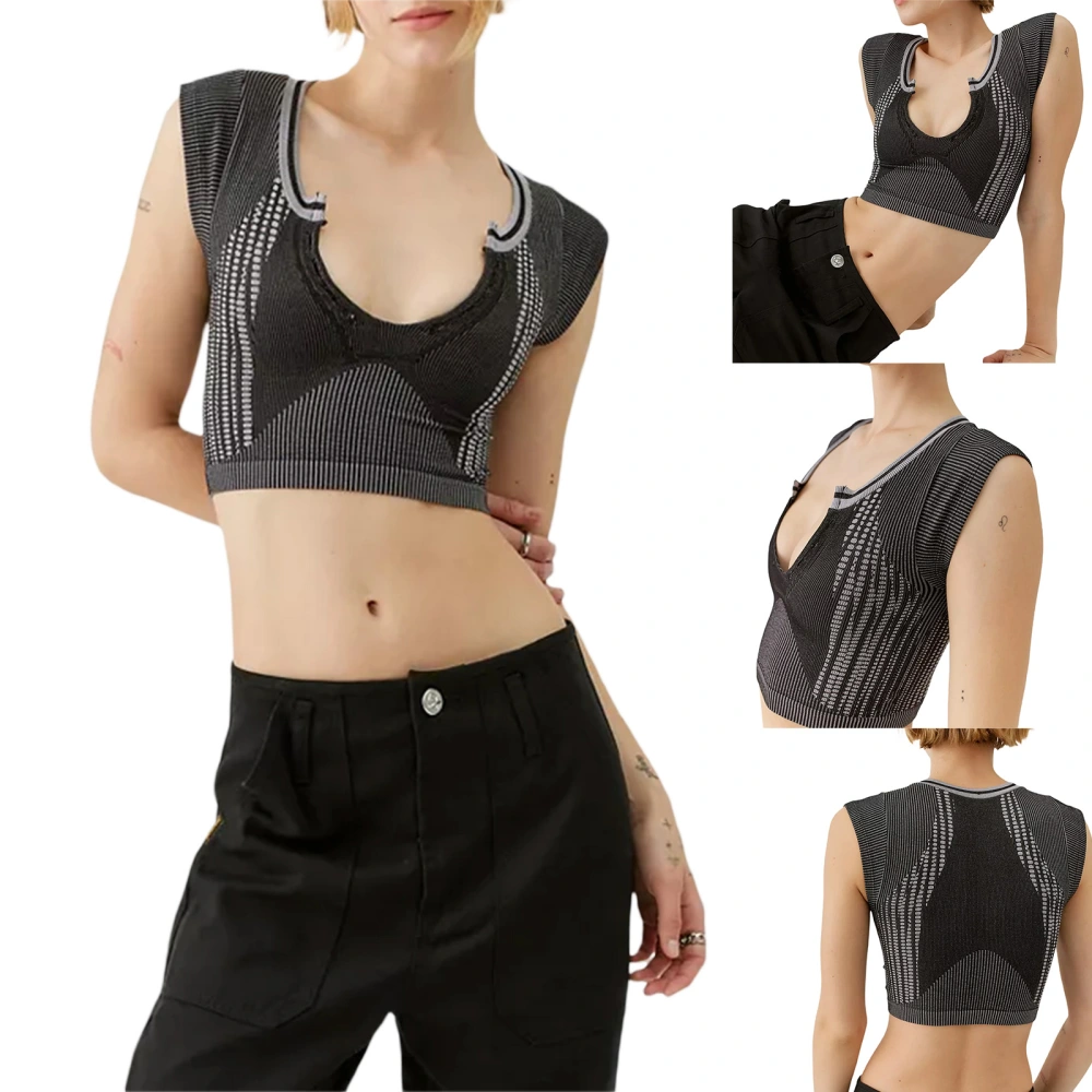 Women's Summer Black Sleeveless Low Cut Contrast Color Crop Tops