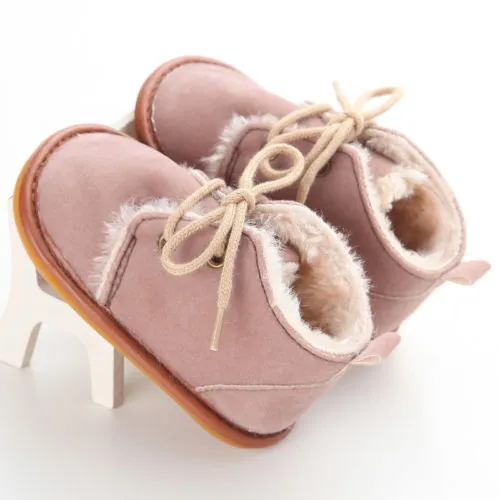 Baby Fashion Anti-slip Fur Boots with Rubbers Winter Leopard Solid Lace Up Shoes