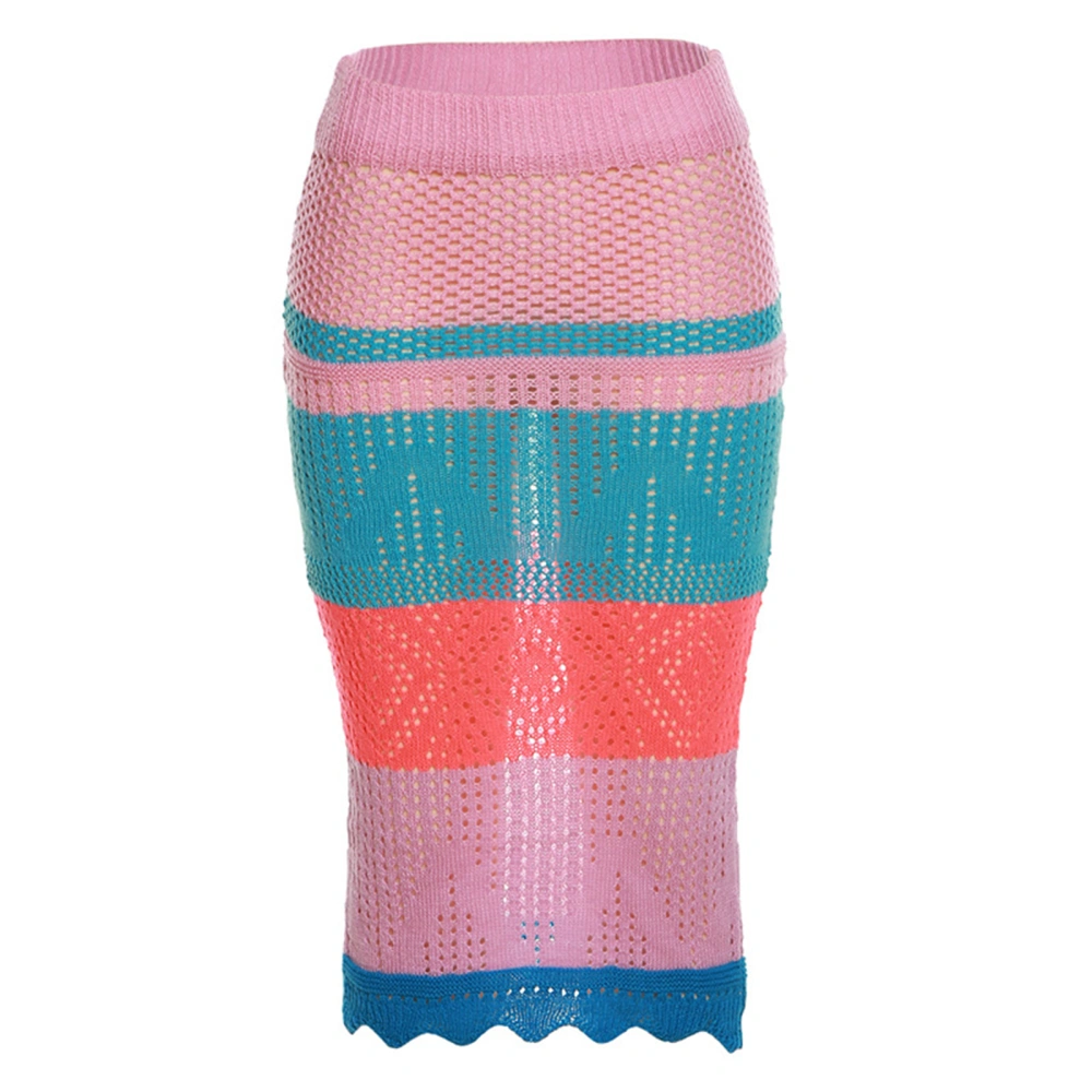 Women Knit Long Skirt, Elastic Waist Contrast Color Hollowed Skirt 