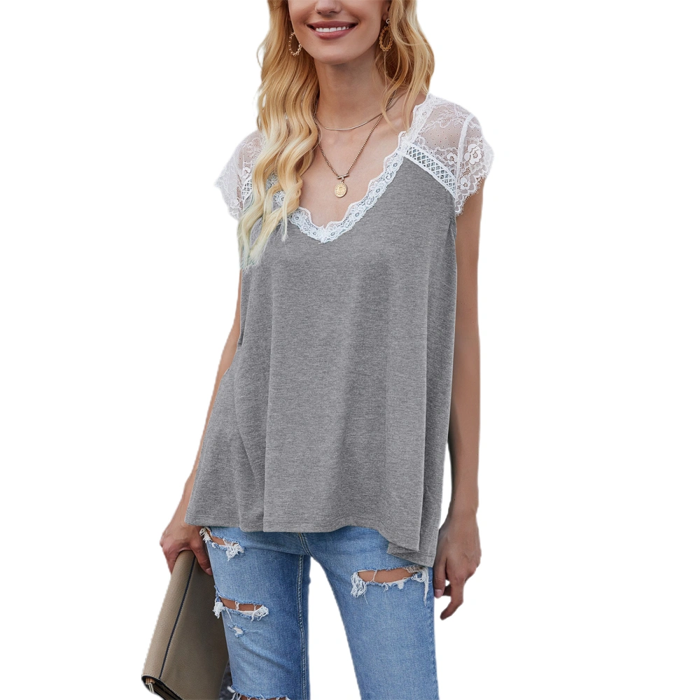 Women's Crochet Lace Tops, Basic Short Sleeve V Neck Loose T-Shirts