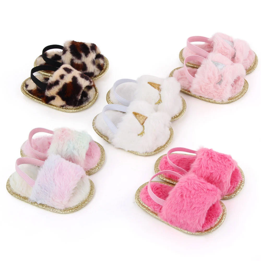 Infant Baby Girls Soft Sole Faux Fur Flats Slippers with Elastic Back Strap