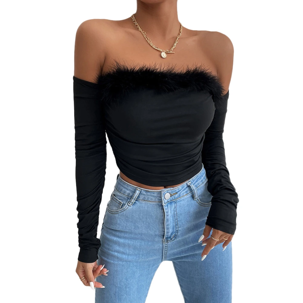 Women Long Sleeve Crop Tops Solid Color Feather Off-Shoulder T-Shirt