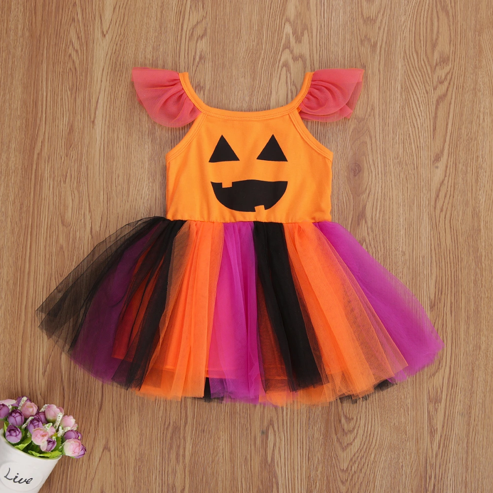 Girl Halloween Dress Pumpkin Pattern Colorful Mesh Splicing Dress