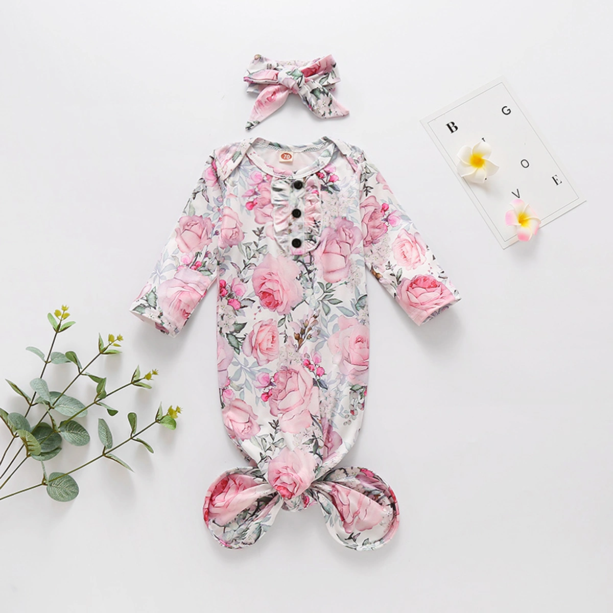 Baby Girls Sleepwear Nightgown Floral Print Sleeping Bag+Headband Set