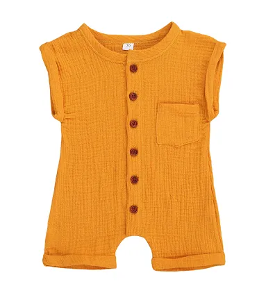 Kid's Solid Color Sleeveless Round Neck Button Playsuit with Pocket