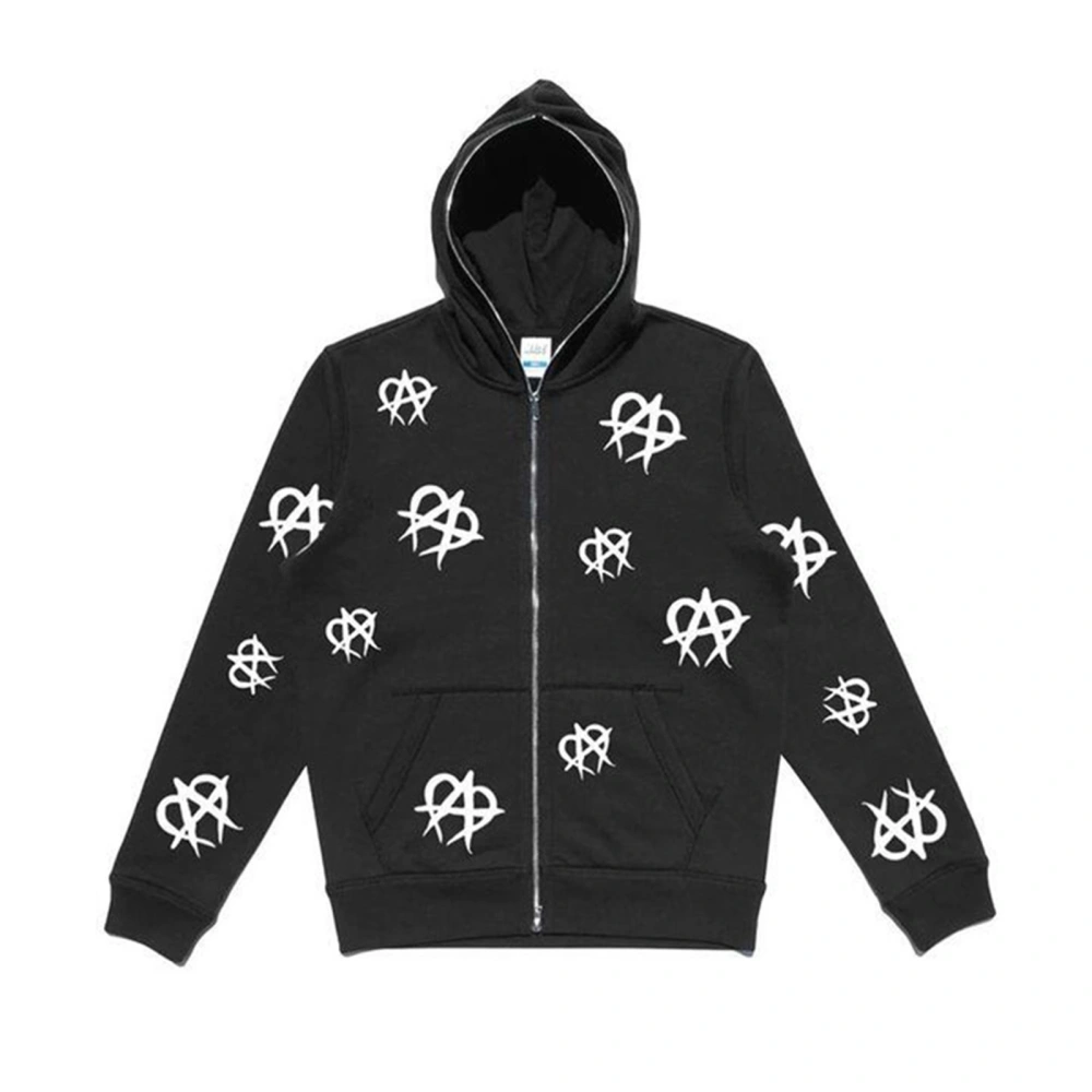 Women Hooded Jacket, Letters and Heart Print Zip Up Baggy Coat