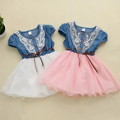 Toddlers Summer Outfits, Splicing O-Neck Short Sleeves Denim Tulle Dress