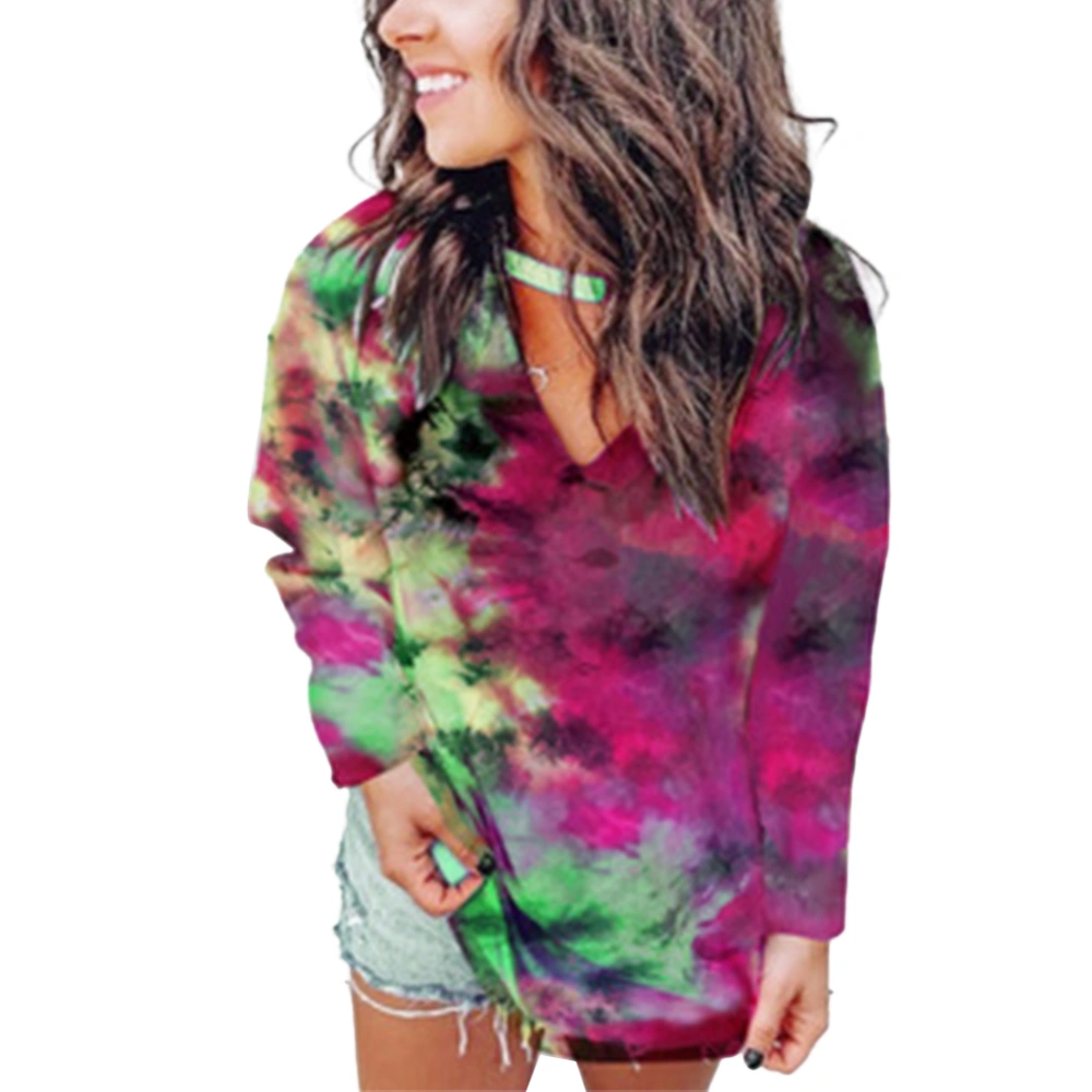 Women's Tie-Dye Tee Shirt, V-Neck Long-Sleeved Stretchy Sports Tops