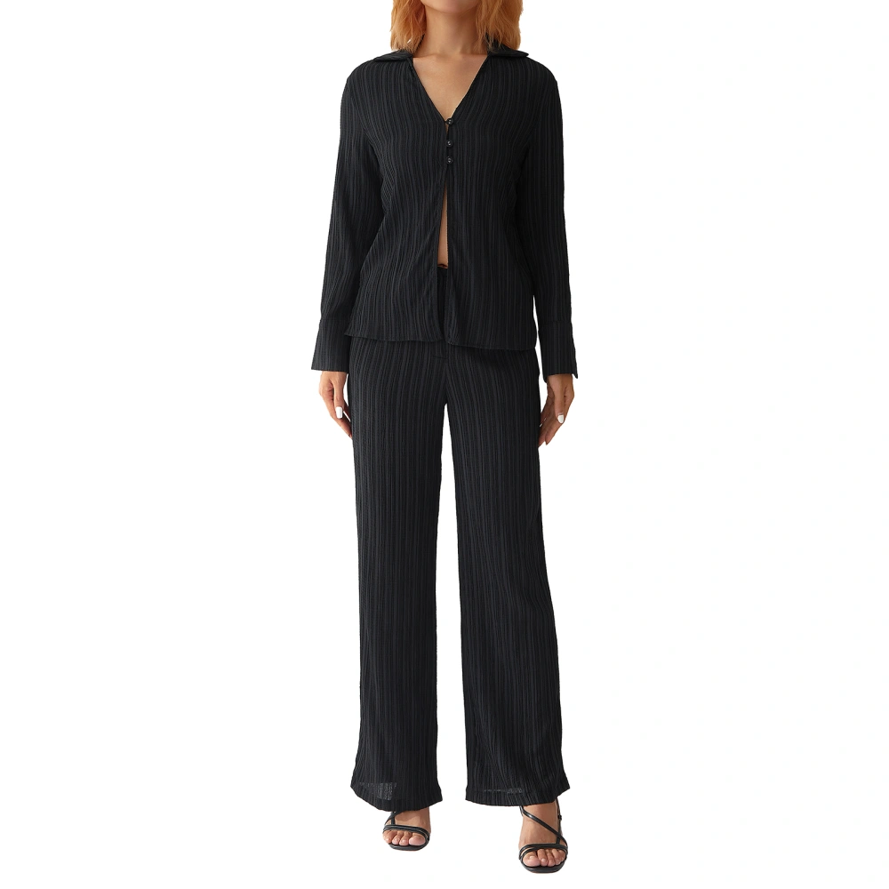 Ladies Ruched Leisure Suit, Long Sleeve Shirt Tops, Wide Leg Pants