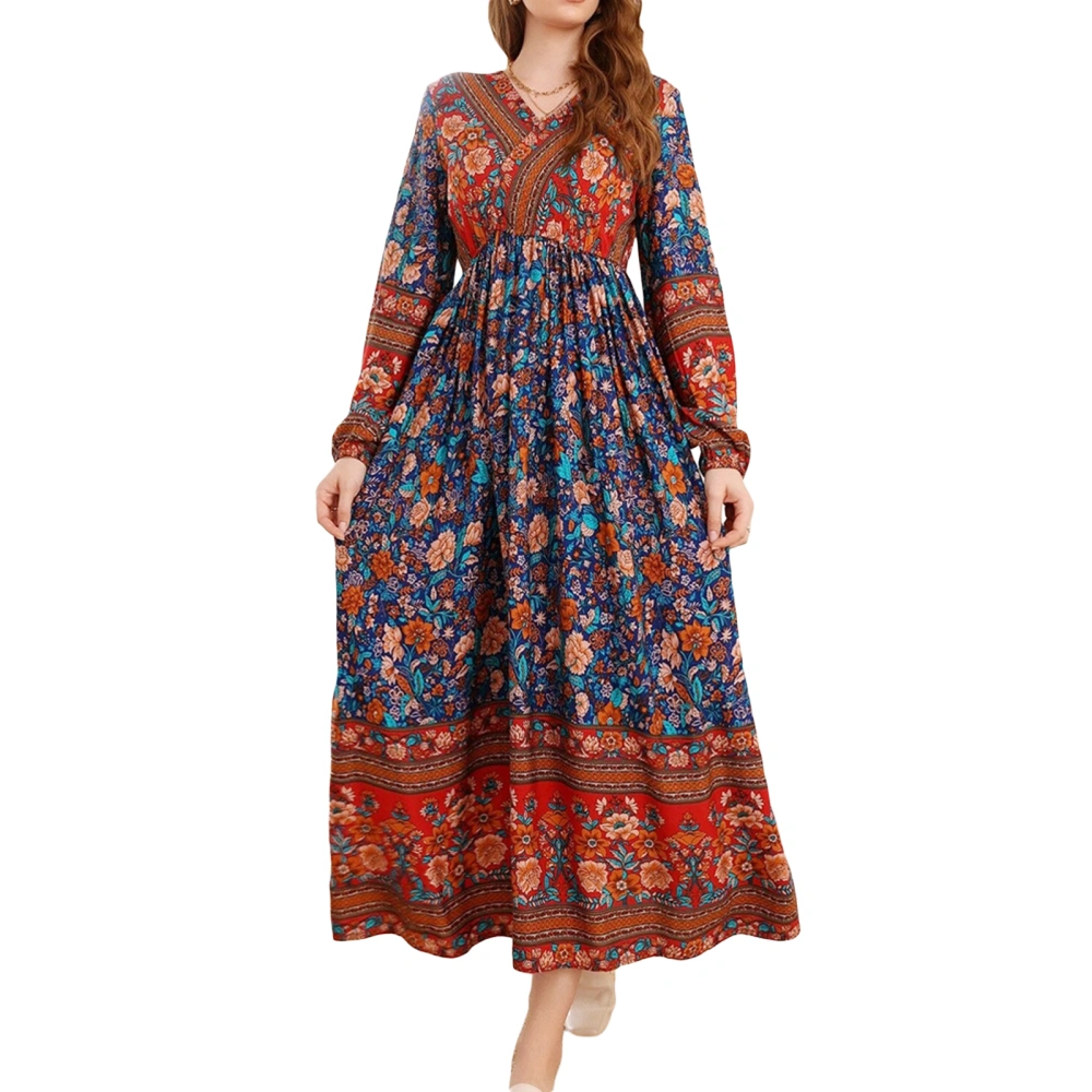 Women Long Dress, Vintage Long Sleeve V-neck Flower Print Loose Dress