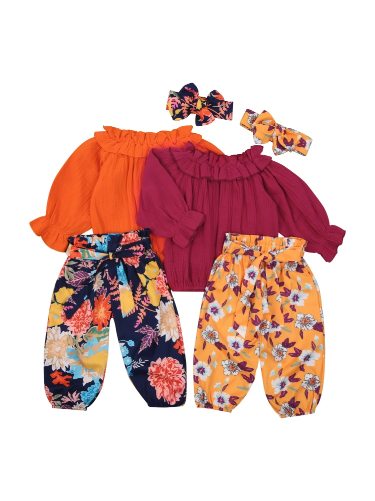 Baby Girl Fall Clothes Off Shoulder Long Sleeve Top + Floral Pants + Headband