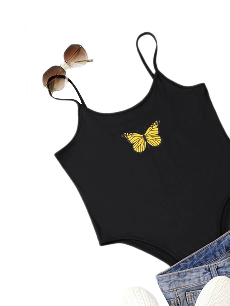 Women Fashion Bodysuit, Butterfly Print Sleeveless Bodysuit