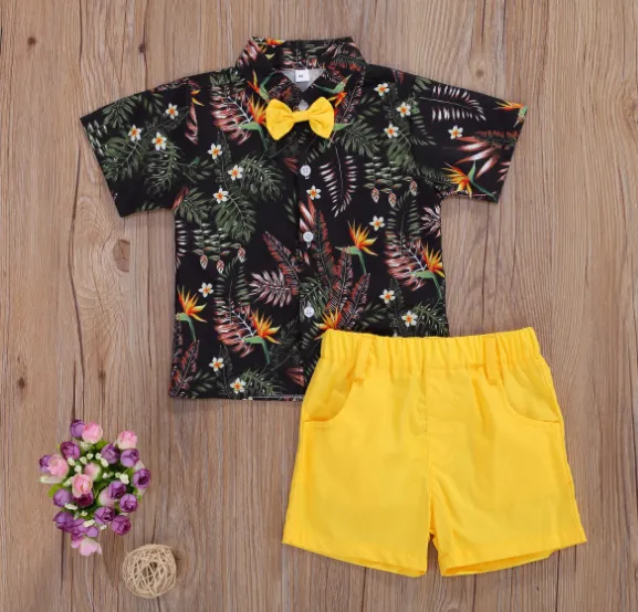 Dinosaur Printing Bowknot Suit, Short Sleeve Short Pants Outfit