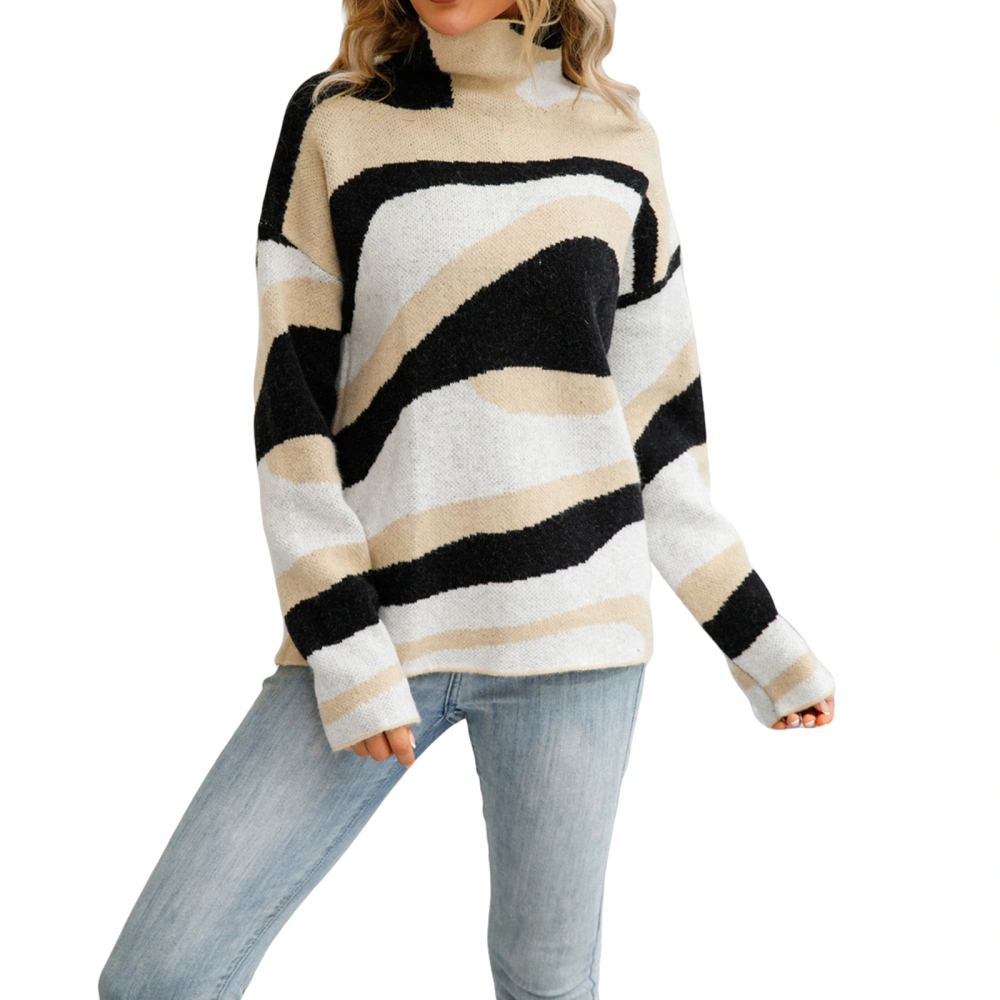 Women Knitting Shirt Long Sleeve High Neck Patch Color Loose Fall Tops