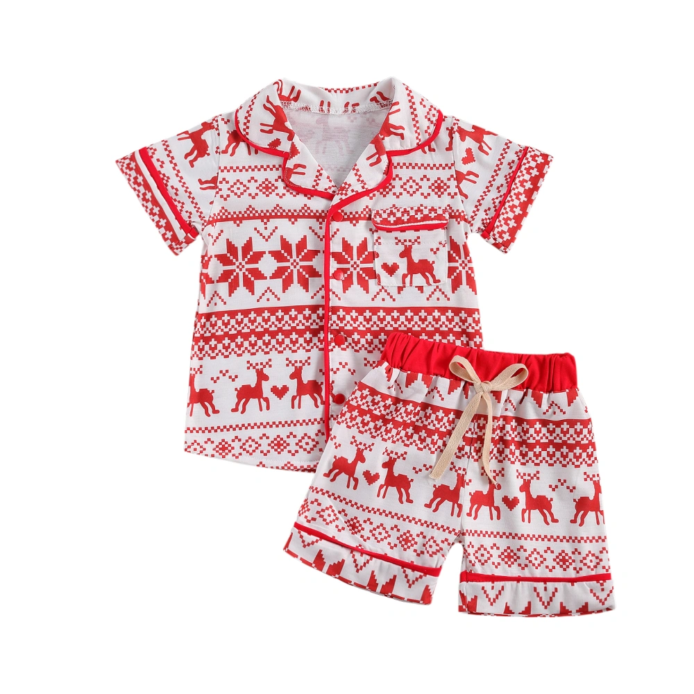 Kids Christmas Sleepwear Set, Red Snowflake and Deer Print Top and Shorts