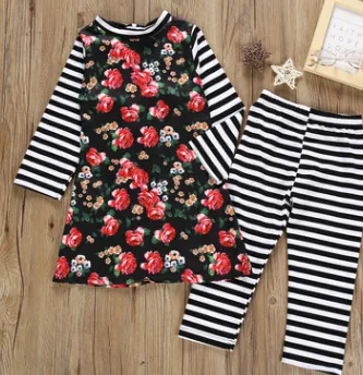 Baby Fall Floral Round Neck Striped Shirt Blouse Loose 2pcs Pants