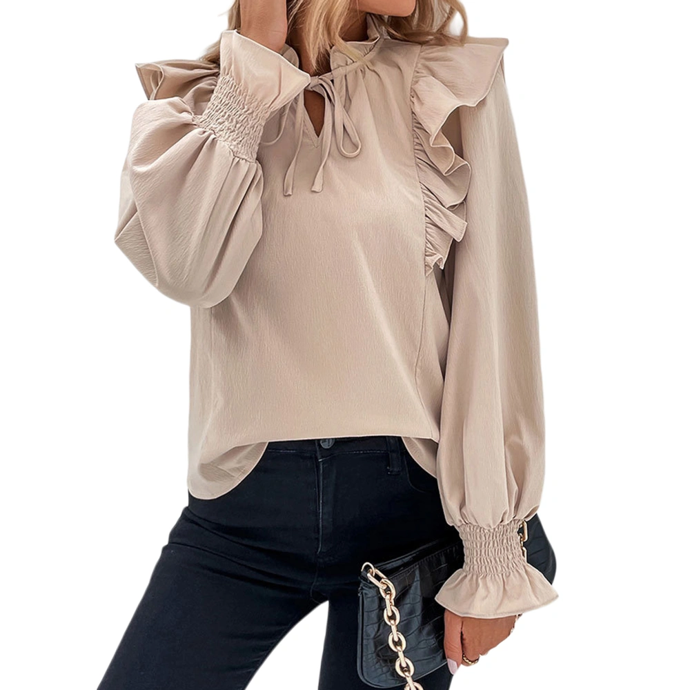 Women Solid Color Shirts Ruffles Long Sleeve Tie-Up Fashion Blouses