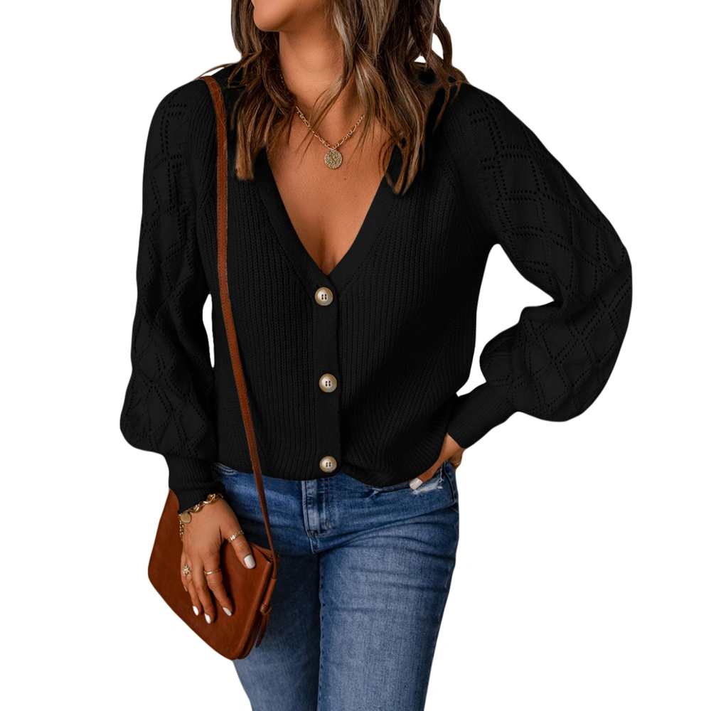 Women Fall Knitted Cardigan, Solid Color V Neck Button Down Outerwear