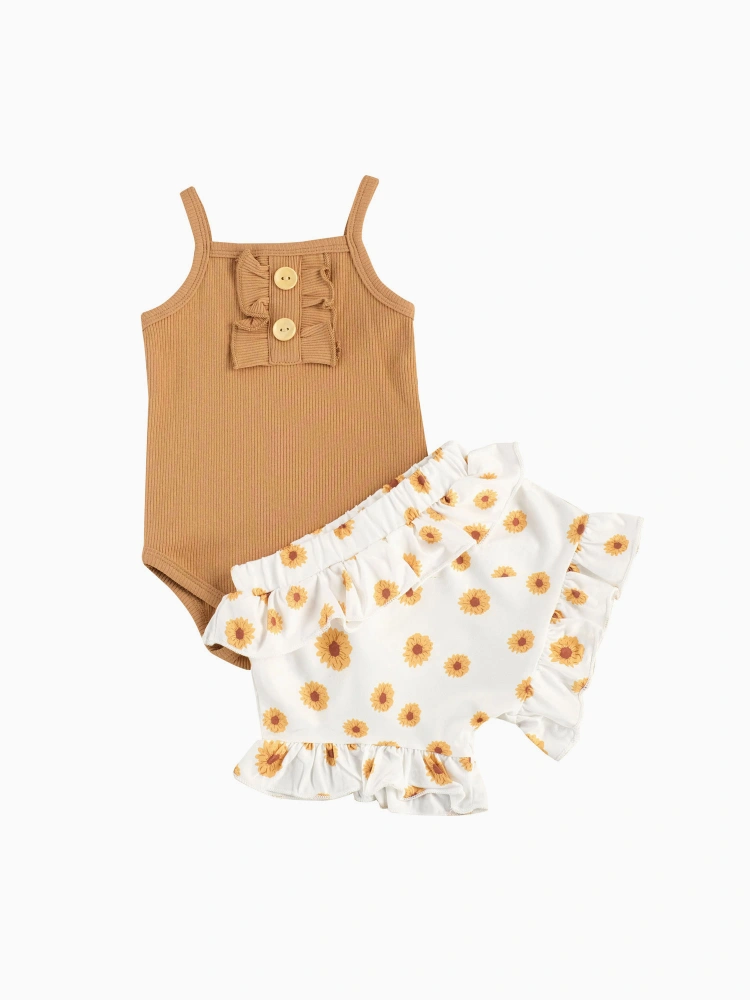 Baby Girl’s Solid Color Suspender Jumpsuit and Daisy Printed Shorts