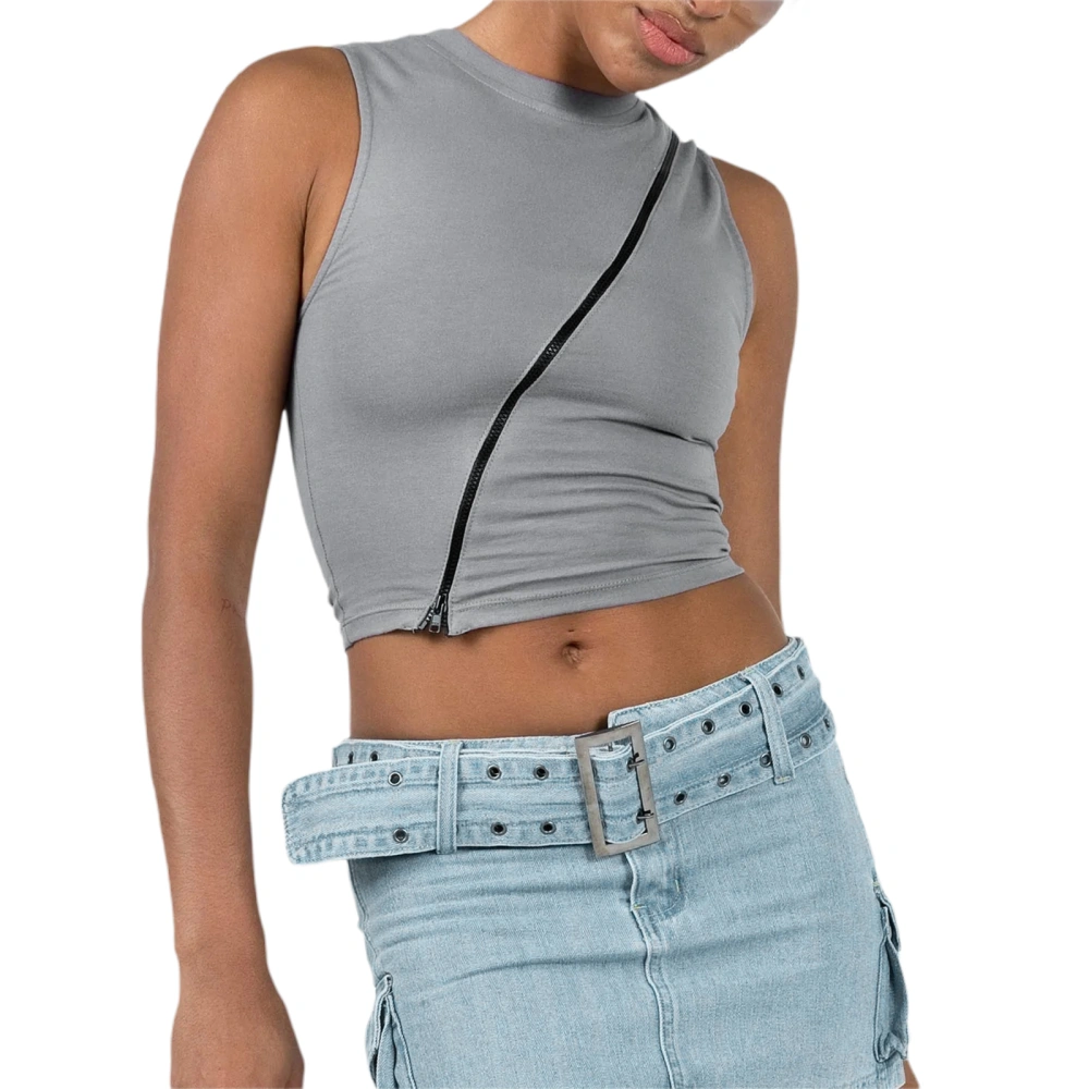 Women's Summer Gray Sleeveless O Neck Oblique Zipper Crop Tops