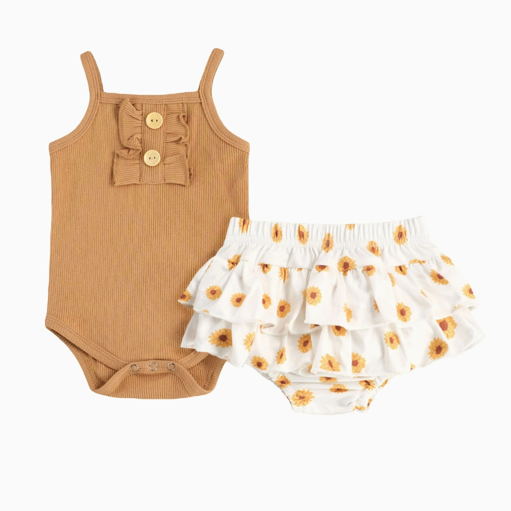 Sleeveless Square Collar Ribbed Romper with Button + Daisy Print Layered Shorts