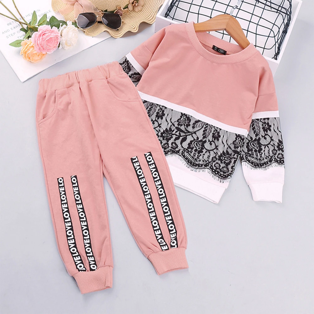 Girl’s Lace Stitching Long Sleeve T-shirt and Letter Long Pants