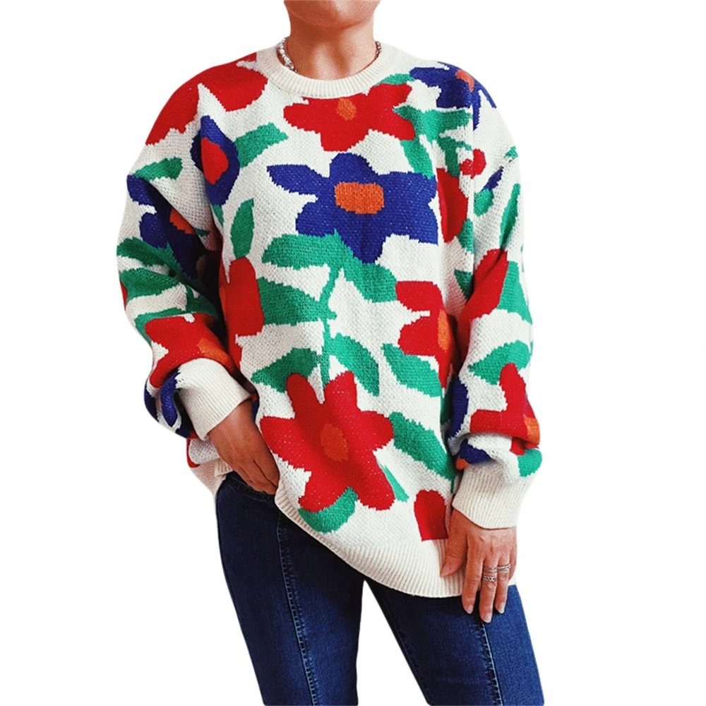 Women Sweater Knit Pullover Long Sleeve Crew Neck Flower Casual Tops