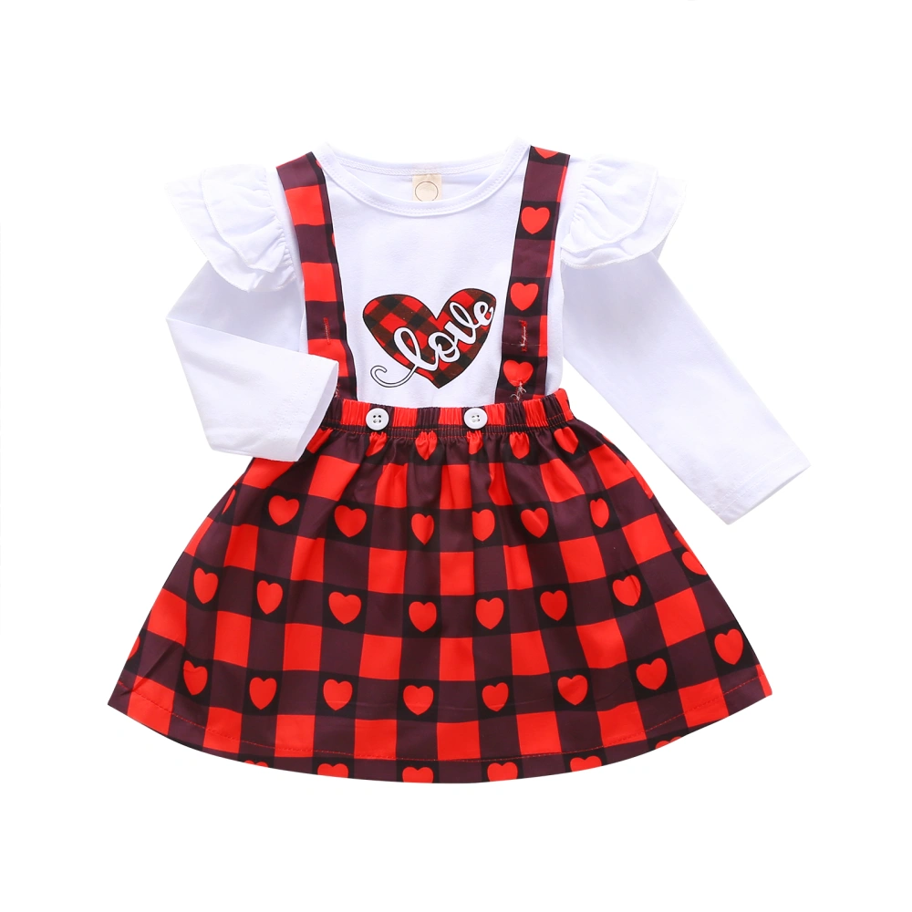 Girl’s Fashion Heart Letter T-shirt and Plaid Suspender Skirt Set