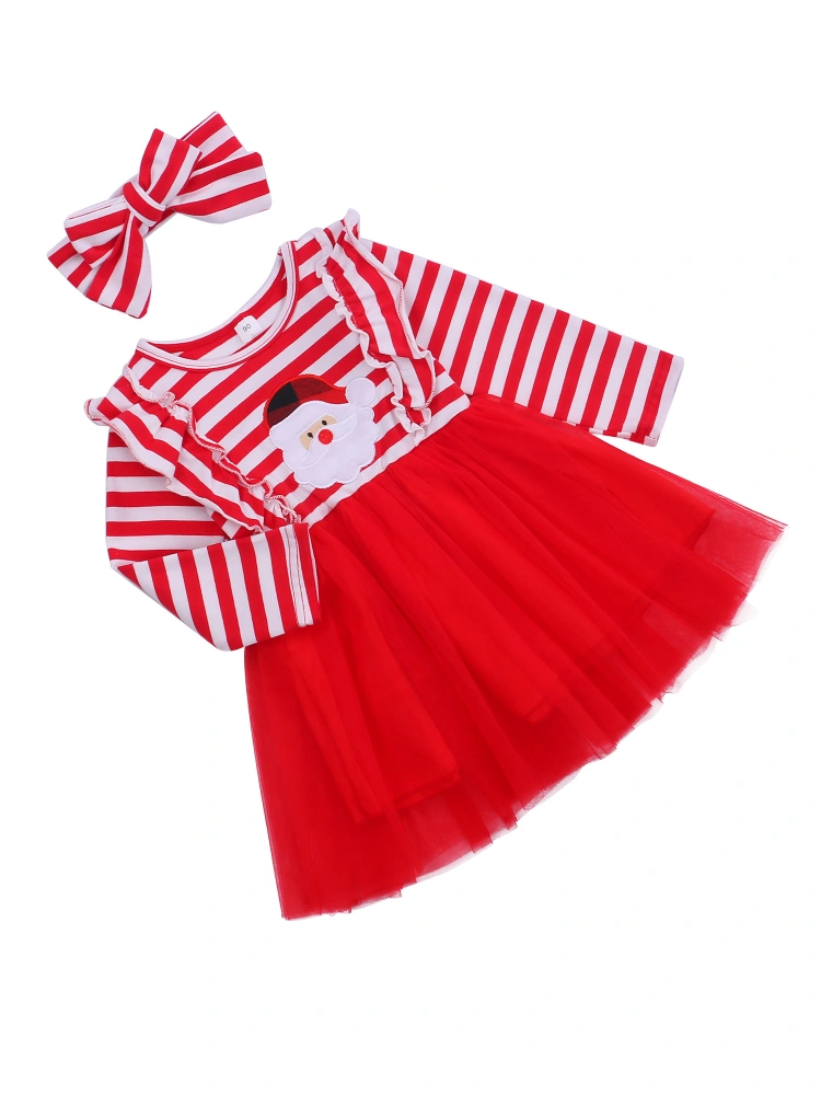 Girls Christmas Two-piece Clothes Set, Red Stripe Print Dress and Headdress