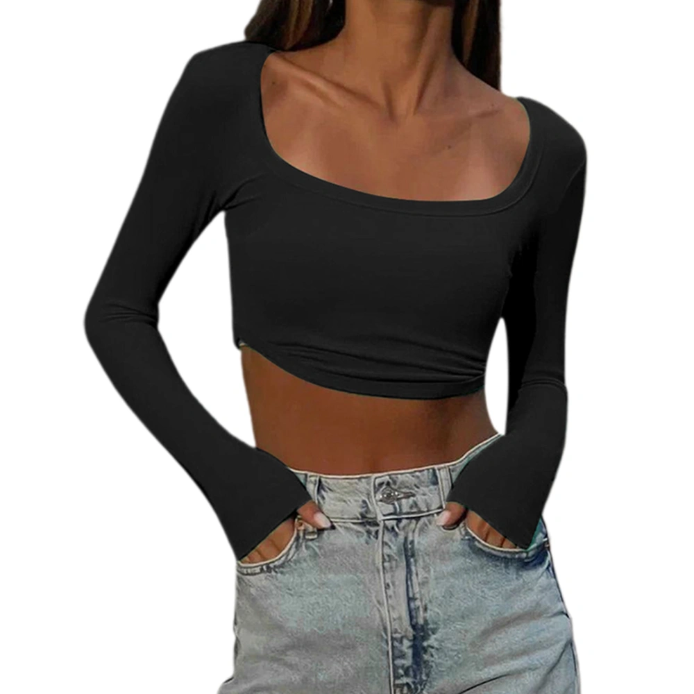 Women's Long Sleeve Crop Tops, Solid Square Neck Slim T-Shirts