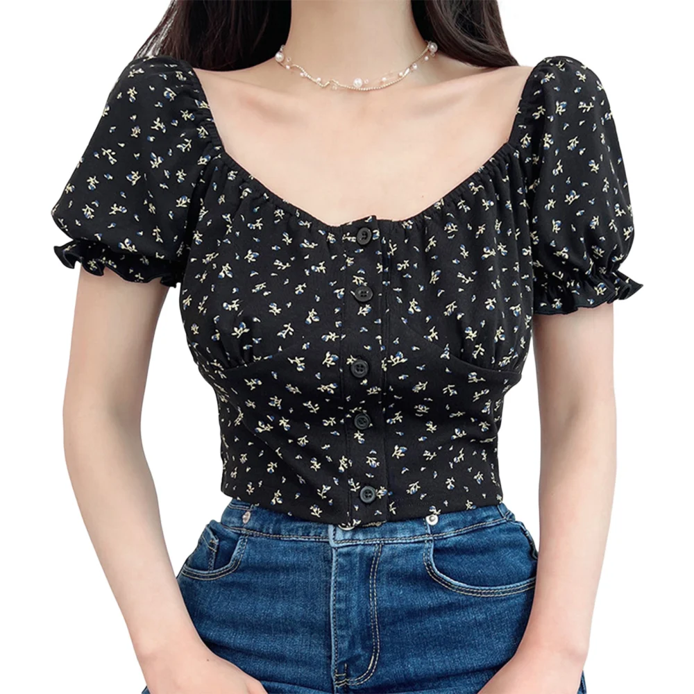 Women Crop Short Sleeve Boat Neck Floral Ruffle Party Summer Tops