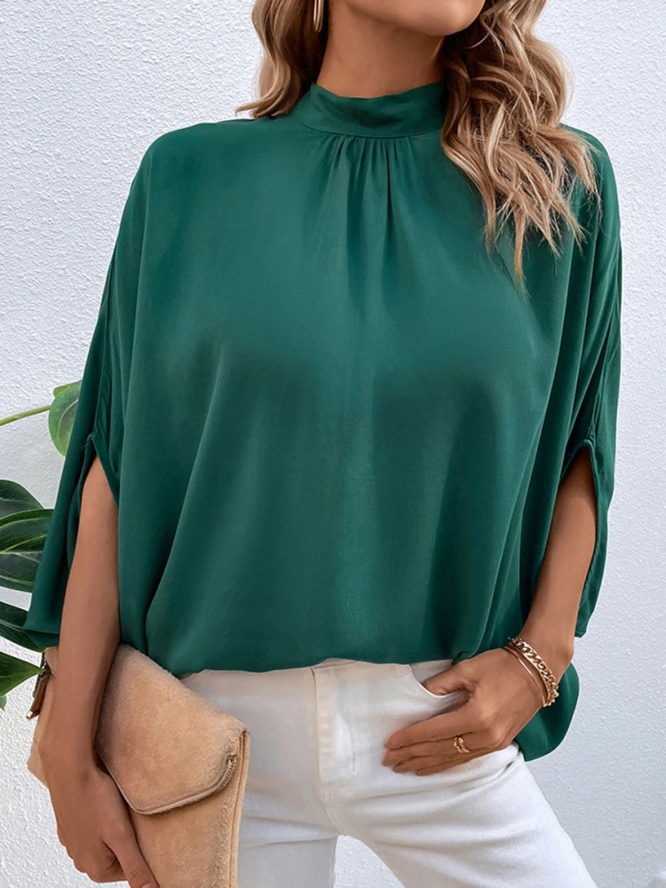 Women Loose 3/4 Sleeve Round Neck Solid Color Party Casual Tops