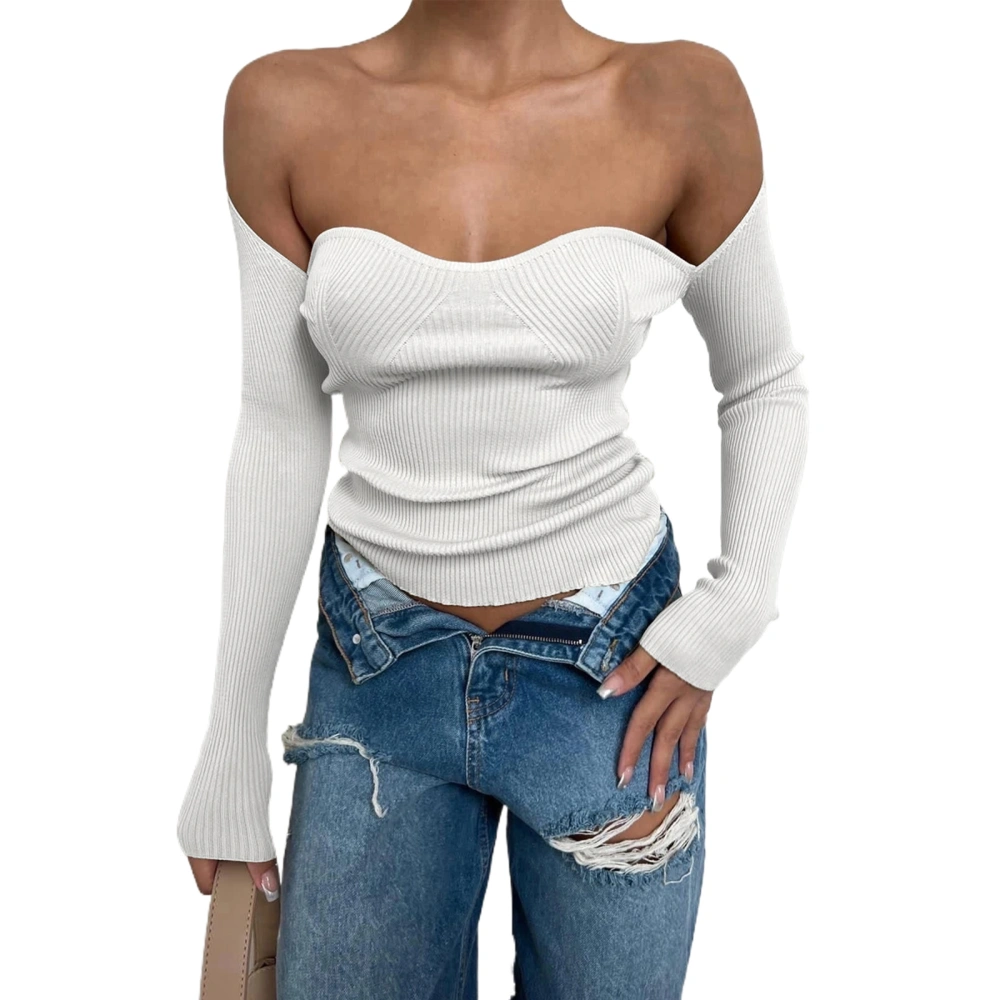 Women Knitting Tops Long Sleeve Off Shoulder Solid Color Shirt