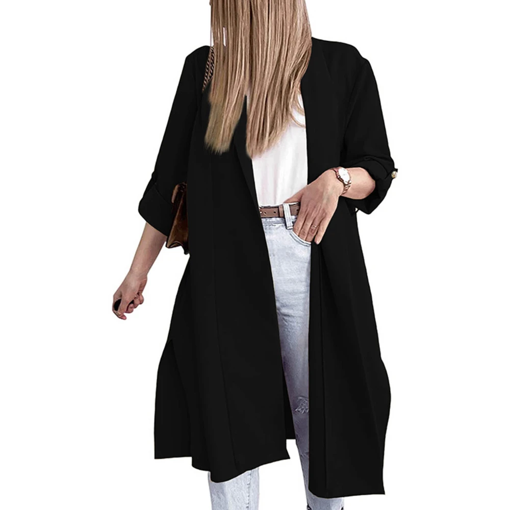 Women Open Front Trench Coat Solid Color 3/4 Sleeve Long Cardigan