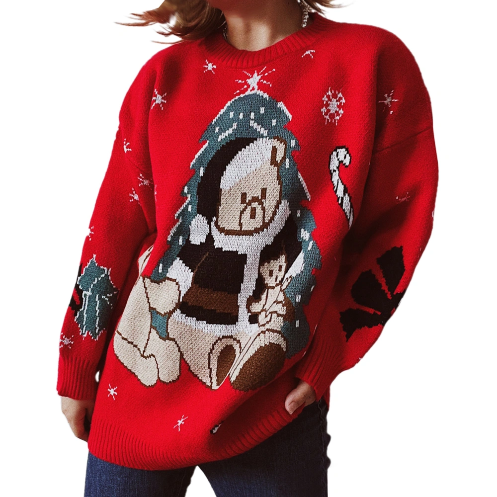 Women Knitted Sweater Christmas Bear Print Thickened Pullover Tops