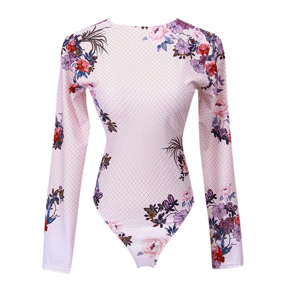 Women's Pink Long Sleeve O Neck Short Floral Romper Swimwear